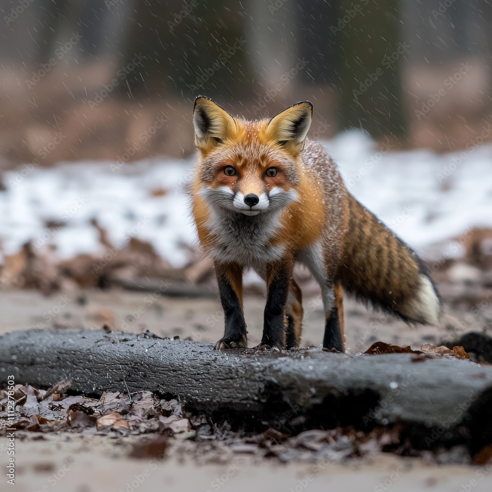 Red Fox Standing on Log in Snowy Winter Forest Red Fox Standing on Log in Snowy Winter Forest
