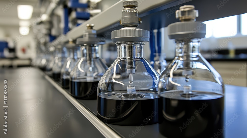 Laboratory setup featuring glass flasks containing dark liquid, showcasing precise instrumentation for scientific experiments, Ideal for articles or projects related to chemistry, research Laboratory setup featuring glass flasks containing dark liquid, showcasing precise instrumentation for scientific experiments, Ideal for articles or projects related to chemistry, research