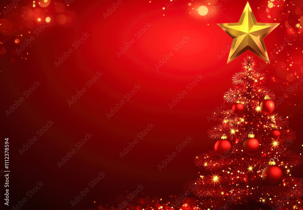 Christmas tree with a golden star and red ornaments on the right side of a red background with blurred lights Christmas tree with a golden star and red ornaments on the right side of a red background with blurred lights
