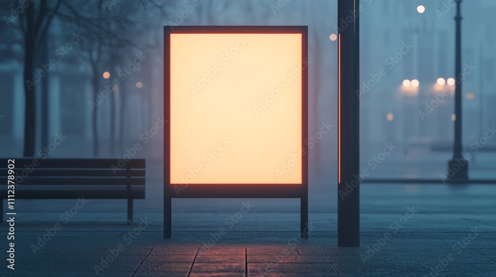 Illuminated billboard in foggy urban street. Illuminated billboard in foggy urban street.