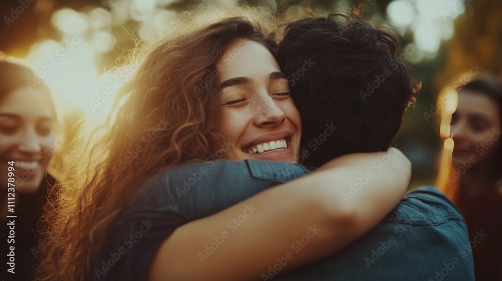 Friends share a joyful hug during a sunset gathering in a park Friends share a joyful hug during a sunset gathering in a park