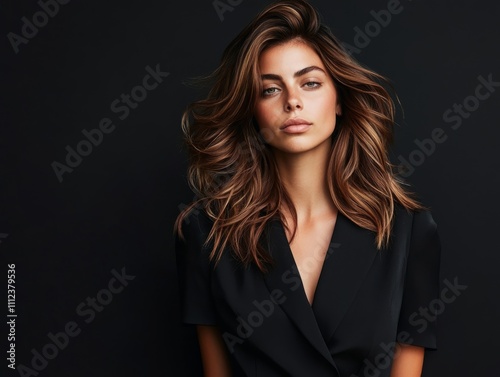 A brunette woman poses gracefully, showcasing her voluminous hair cascading over her shoulders against a matte black background, radiating natural beauty