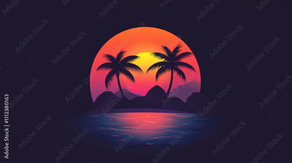A vibrant sunset over a tranquil beach with palm trees and rocky silhouettes. A vibrant sunset over a tranquil beach with palm trees and rocky silhouettes.
