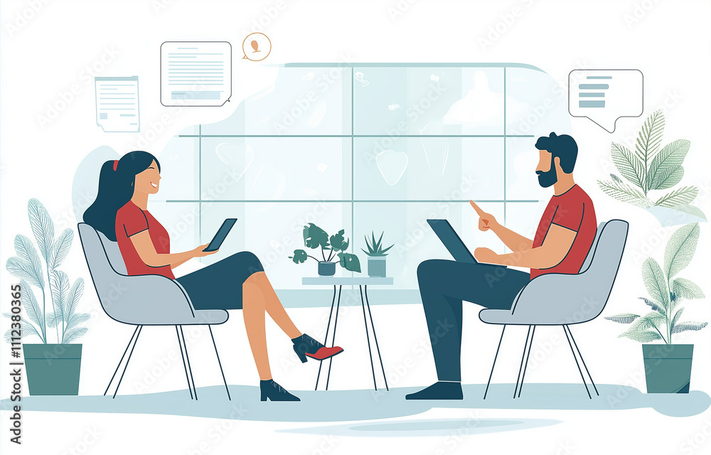 Engaging discussion between two colleagues in an office environment with plants around Engaging discussion between two colleagues in an office environment with plants around