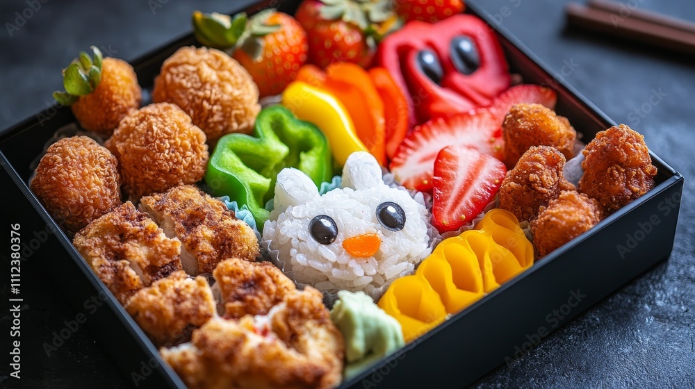 Creative Bento Box with Sushi Rice Animals, Fried Chicken Bites, Colorful Peppers, and Strawberry Delight Creative Bento Box with Sushi Rice Animals, Fried Chicken Bites, Colorful Peppers, and Strawberry Delight