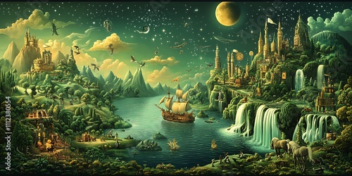 green themed scene that has loads of detail and things going on, waterfalls, a ship on a sea, a sky with a moon, stars, a city in the distant, mountains, plains, horses, forests