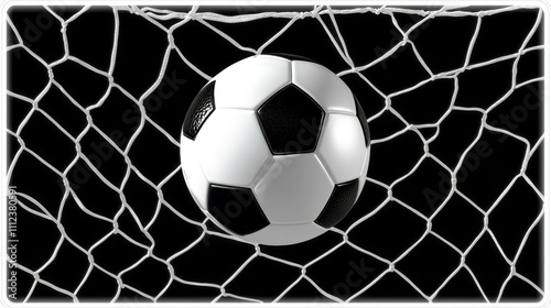 Soccer Ball Scoring in Goal Net with Dynamic Shadows on Black Background