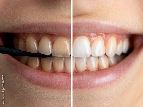 Close-up view highlights a smile transformation, comparing discolored teeth on one side and brilliantly white teeth after treatment on the other side photo