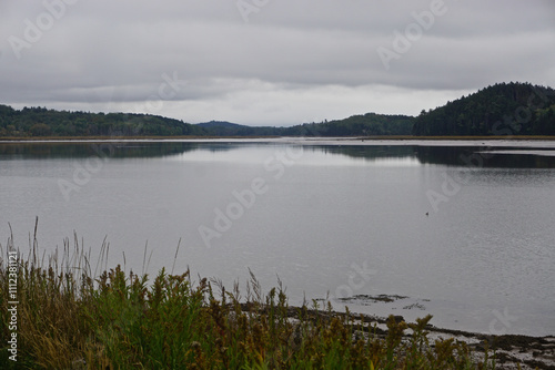 Machais, Maine: Trees reflected in the Machais River on a cloudy autumn day. photo