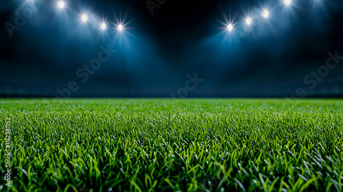 A vibrant green soccer field illuminated by bright stadium lights, creating a dramatic atmosphere for nighttime sports events.