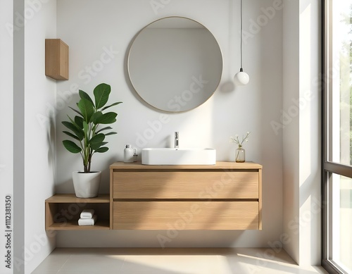 A modern bathroom with a round mirror, a wooden vanity with drawers , and a potted plant on the shelf.
