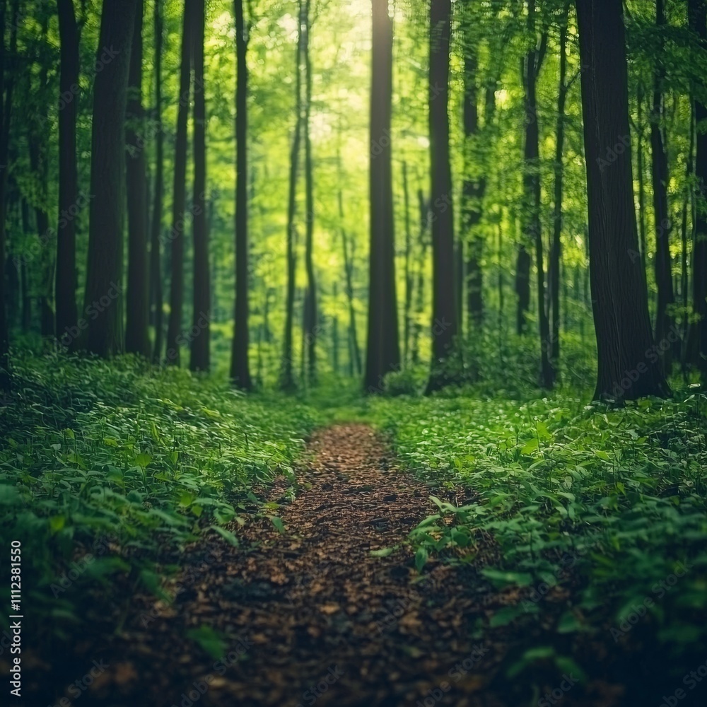 Fototapeta premium Serene Forest Path Sunlight Through Canopy Trees