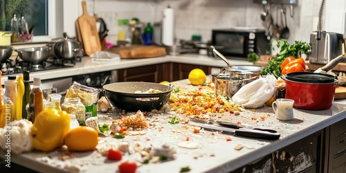 A kitchen with spilled ingredients and messy countertops, showing a chaotic cooking experience.