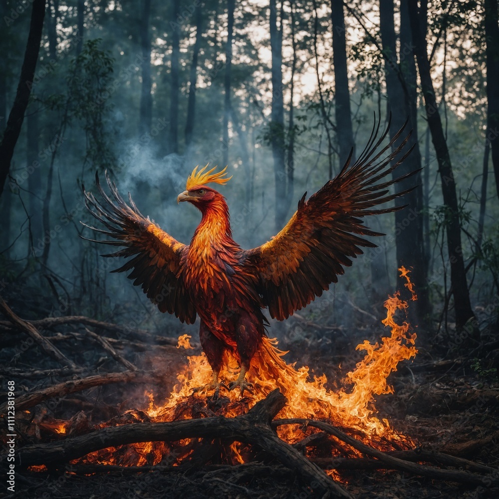 A phoenix rising from its fiery ashes in a mystical forest.
A phoenix rising from its fiery ashes in a mystical forest.