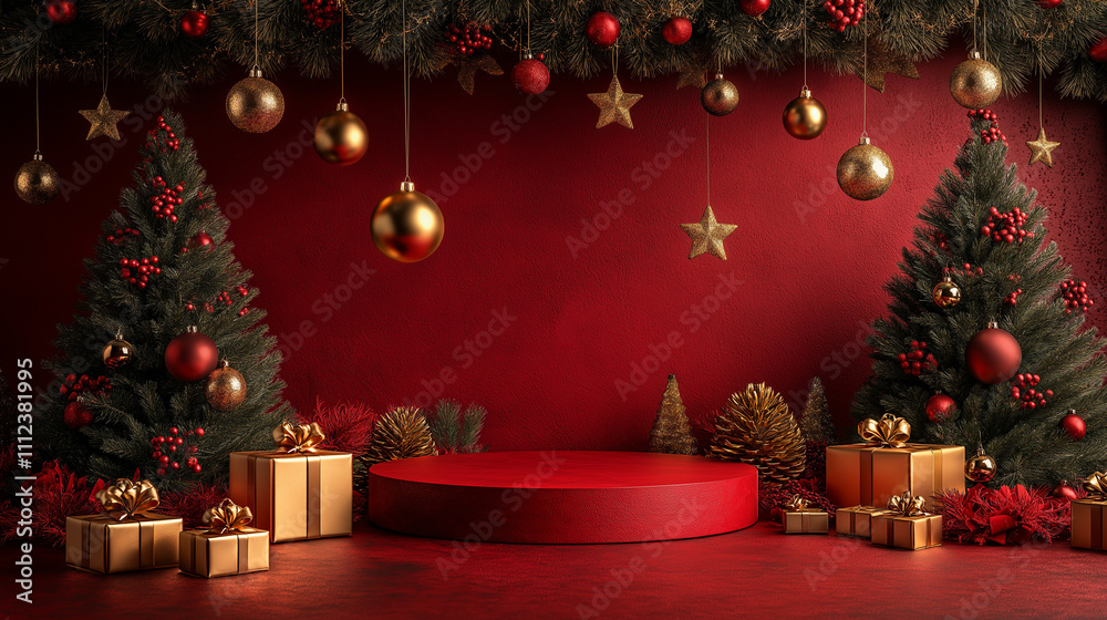 Scene with Christmas decorations and a red podium