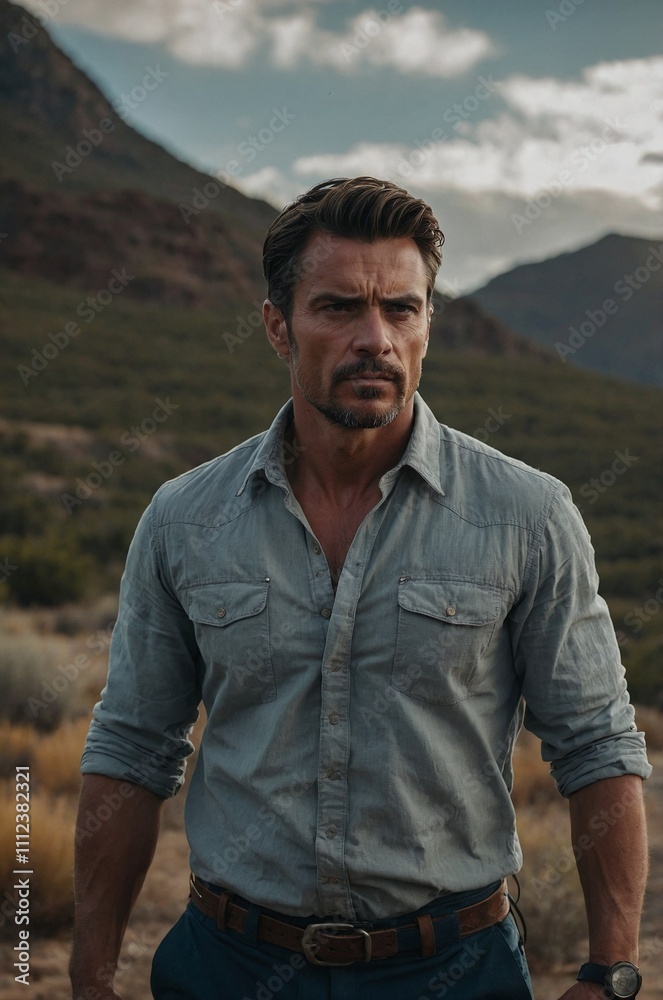 Man confidently standing in rugged mountain terrain Man confidently standing in rugged mountain terrain