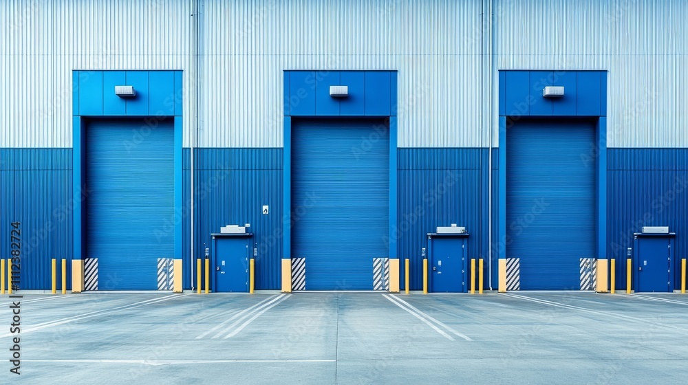 A contemporary warehouse exterior in blue and white, with evenly spaced loading bays and sleek industrial lines
