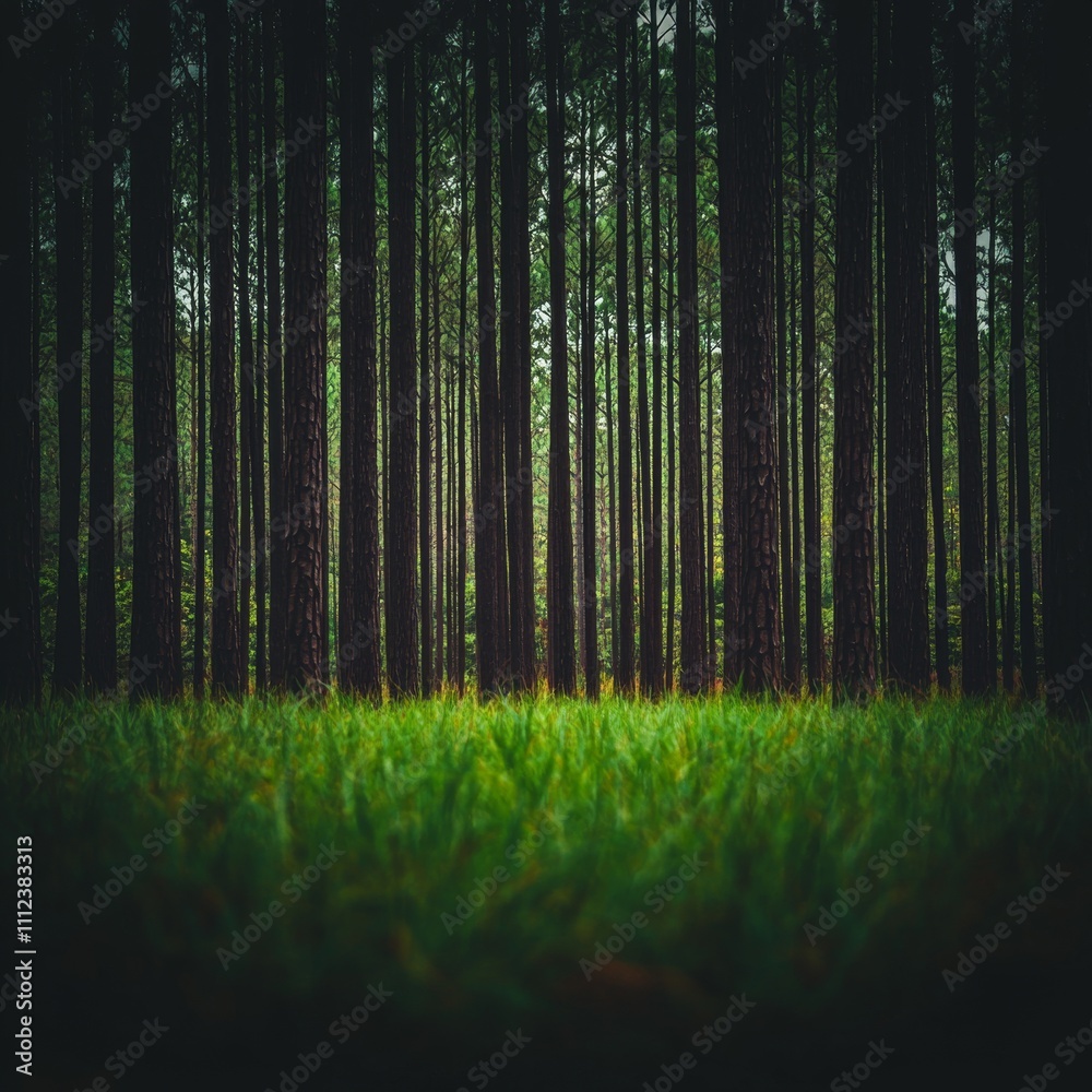Fototapeta premium Serene Pine Forest with Lush Ground Cover at Dawn