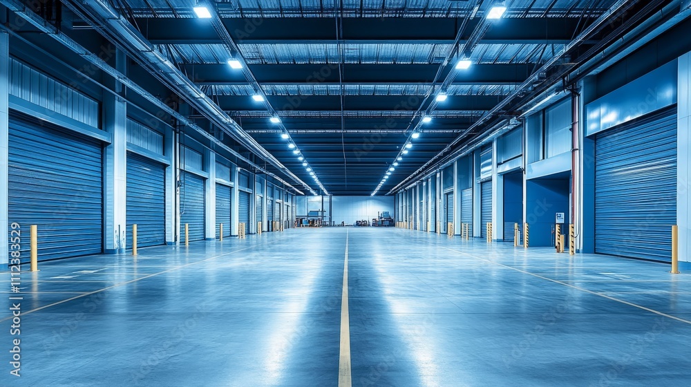A high-resolution image of a modern warehouse with a bold blue-and-white design and a series of functional loading bays A high-resolution image of a modern warehouse with a bold blue-and-white design and a series of functional loading bays