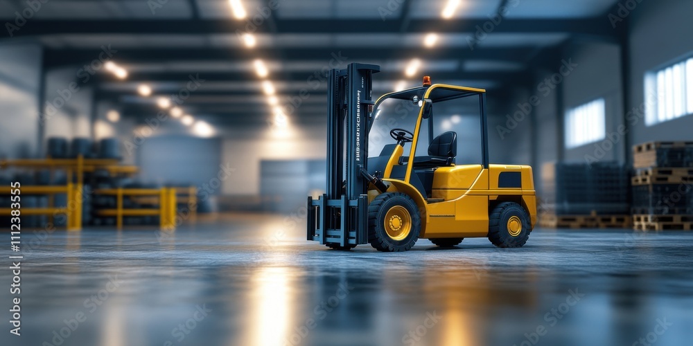 Modern Yellow Forklift in a Spacious Industrial Warehouse Setting: Logistics and Material Handling Equipment Modern Yellow Forklift in a Spacious Industrial Warehouse Setting: Logistics and Material Handling Equipment