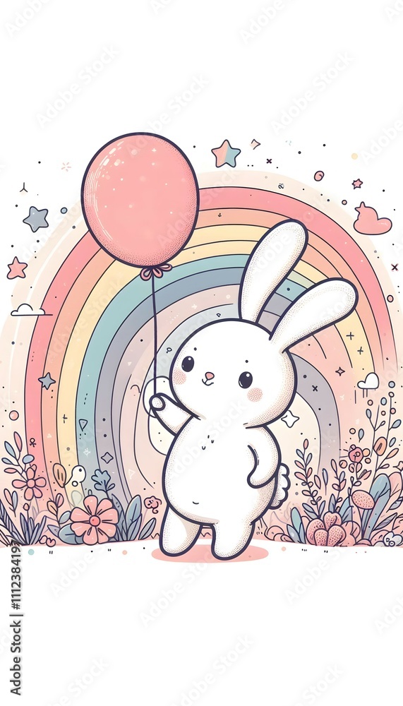 Obraz premium A cute white rabbit with large blue eyes and a bow tie sitting in a whimsical landscape with rainbows, flowers, and a large hot air balloon in the background.