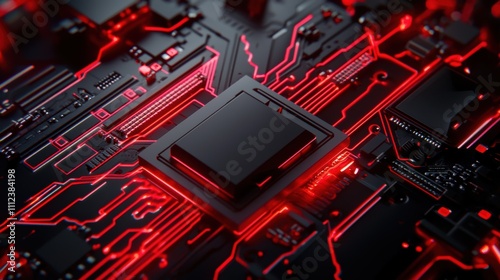 A close-up view of a modern microchip surrounded by glowing red circuitry, showcasing intricate electronic design and technology.