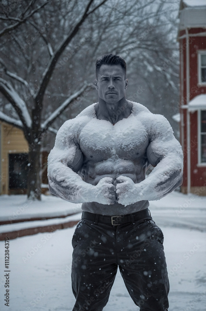 Muscular snow figure stands confidently in winter