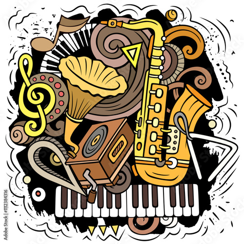 Cartoon vector doodles Classic music illustration. Funny detailed, with lots of objects background.