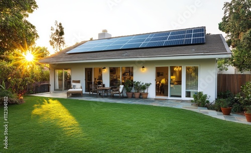 Sustainable living in modern home with solar energy, open doorway to cozy interior and sunny terrace for relaxation. Bright sunlight over lush green lawn enhances eco-friendly lifestyle.