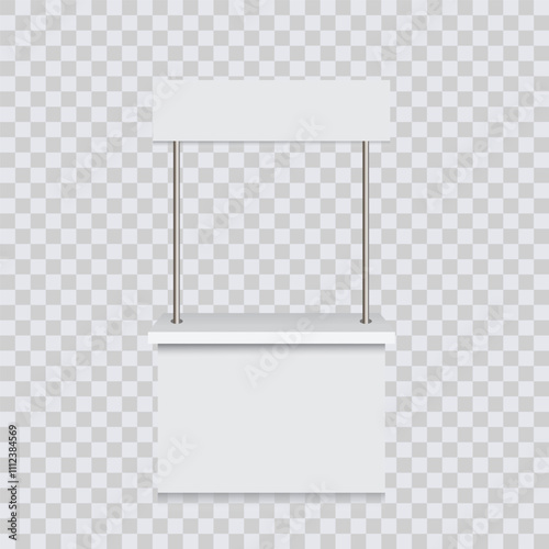 Blank information promo booth isolated on a white background. Vector mockup of an exhibition table stand display and empty kiosk