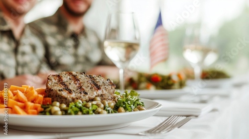 Grilled pork chop served with vegetables and wine, enjoyed by military personnel during a patriotic gathering honoring their service