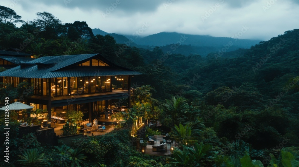 Luxurious Eco-Lodge Surrounded by Lush Jungle and Majestic Mountains During Twilight with Warm Lights and Serene Atmosphere in Nature Luxurious Eco-Lodge Surrounded by Lush Jungle and Majestic Mountains During Twilight with Warm Lights and Serene Atmosphere in Nature