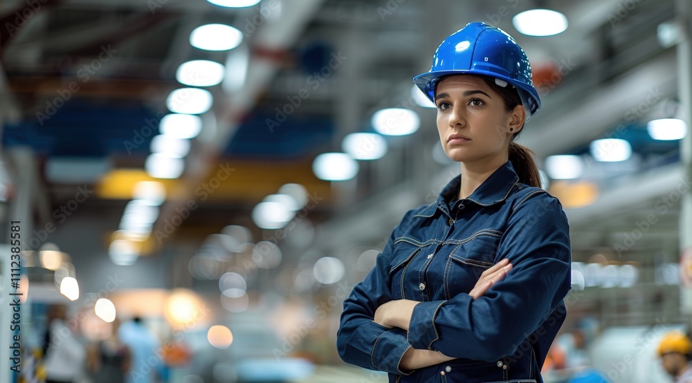 successful mixed race construction site worker in blue hard hat standing with arms crossed successful mixed race construction site worker in blue hard hat standing with arms crossed