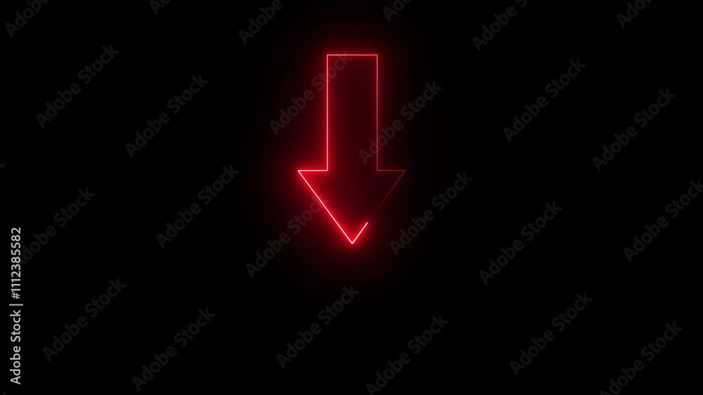 black background Neon arrow glowing Directional sign arrow points to the down red color icon. black background Neon arrow glowing Directional sign arrow points to the down red color icon.