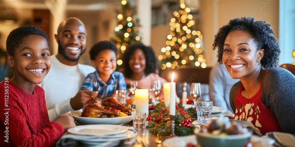 A joyful family gathers around the dinner table for a festive holiday meal. The warm atmosphere is enhanced by candlelight and beautiful decorations. Celebrate love and togetherness. AI A joyful family gathers around the dinner table for a festive holiday meal. The warm atmosphere is enhanced by candlelight and beautiful decorations. Celebrate love and togetherness. AI
