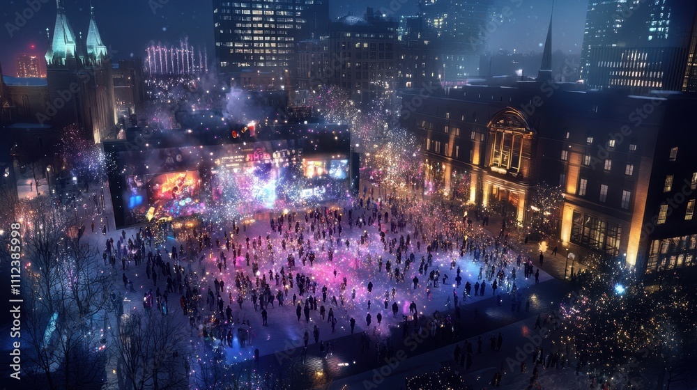 Obraz premium Vibrant Nightlife Scene of a Bustling City Square during a Festive Event with Colorful Lights, Crowds, and Modern Architecture in the Background