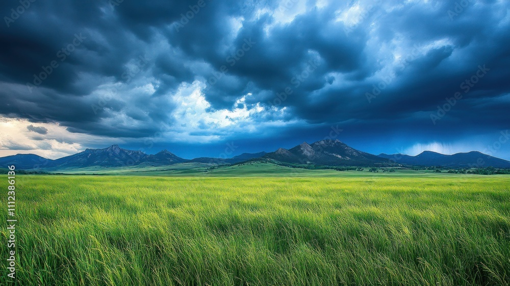 Dramatic stormy sky over a vast green field and distant mountains. Dramatic stormy sky over a vast green field and distant mountains.