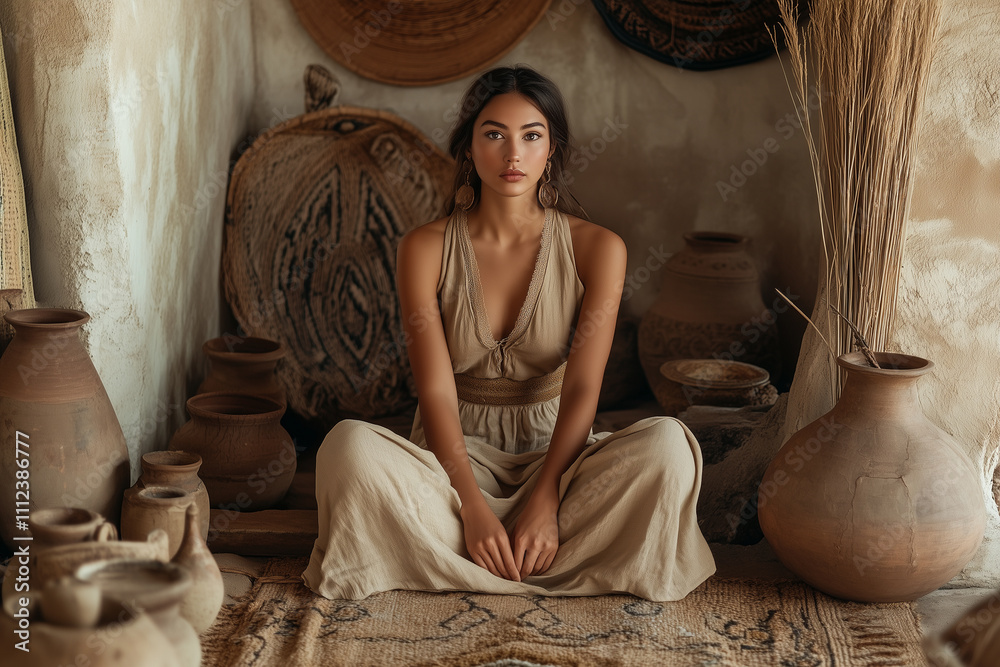 A young woman in a modest outfit sitting cross-legged among traditional pottery in a rustic environment, showcasing cultural heritage and artistry A young woman in a modest outfit sitting cross-legged among traditional pottery in a rustic environment, showcasing cultural heritage and artistry