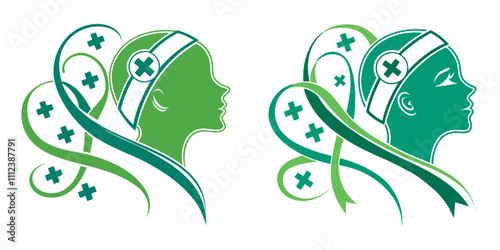 A health logo blending a vibrant green profile head with elegant, swirling ribbons that connect to floating green medical crosses. The clean white background adds a professional and approachable touch