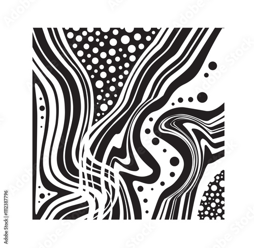 Psychedelic trippy figures. Dynamic composition. Modern square patterns and ornaments. Fluid, blob and liquid. Back to 80s and 90s. Linear vector illustration