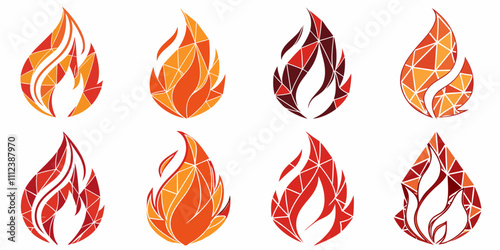 Set of polygonal fire icons with vibrant orange and red gradients, featuring sharp geometric shapes and clean white background