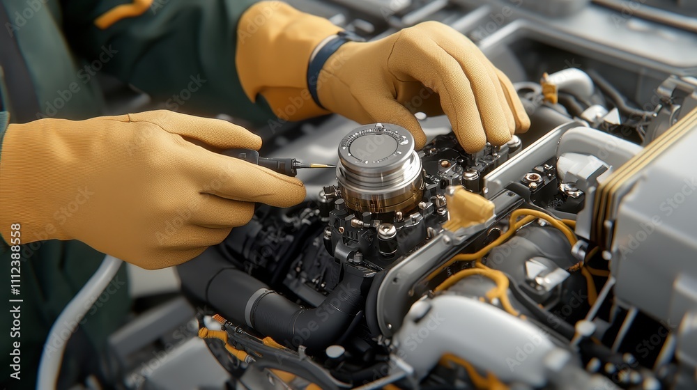 Hands wearing gloves working on a complex engine, highlighting precision and mechanical engineering. Hands wearing gloves working on a complex engine, highlighting precision and mechanical engineering.