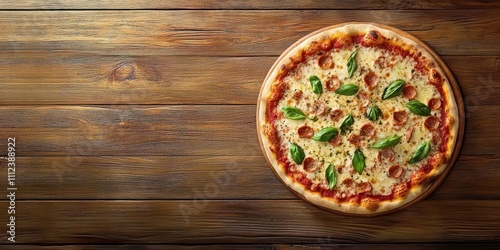 Margherita Pizza with mozzarella and basil on wood grain table, top view, text space left blank. photo