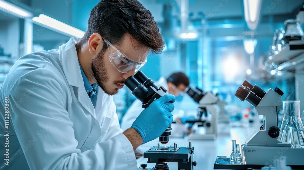 Employee inspecting samples using microscope in modern laboratory environment Employee inspecting samples using microscope in modern laboratory environment