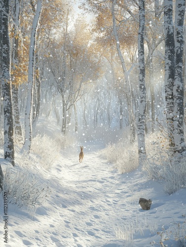 Wallpaper Mural Serene Winter Landscape with Snowfall and Wildlife in Tranquil Forest Path Featuring Trees, Snow, and Soft Light in Nature's Calm Beauty Torontodigital.ca