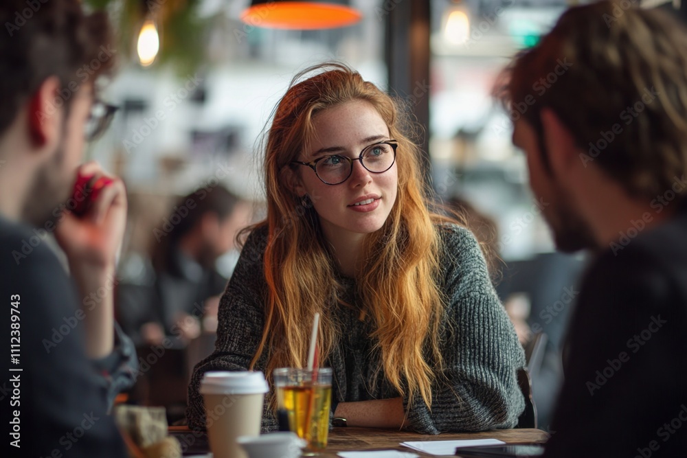 Casual Meeting in Cozy Café with Young People Engaged in Friendly Conversation over Coffee and Drinks, communication concept Casual Meeting in Cozy Café with Young People Engaged in Friendly Conversation over Coffee and Drinks, communication concept