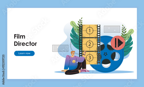 Film director landing page. Man near huge film reel. Cinema industry and filmmaking. Films, movies and series production. Flat vector illustration