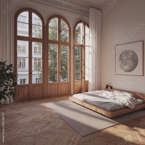 Sunlit bedroom with large arched windows, wooden floor, and minimalist bed.