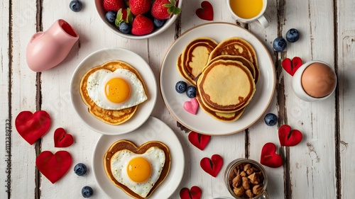 Valentines or Mothers Day brunch corner border. Top down view on a white wood banner background. Heart shaped pancakes, eggs and a variety of love themed food. photo