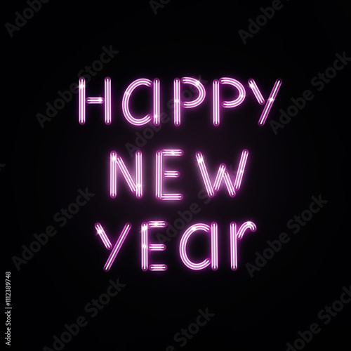 A vibrant neon sign lights up the night with the words Happy New Year, marking a joyful celebration at midnight in a bustling city. Bright colors create a festive atmosphere. 